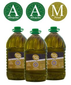 AAM Alfanje triple contains 2x5L bottles of Arbequina, and 1x5L bottle of Picual Single Variety extra virgin olive oil