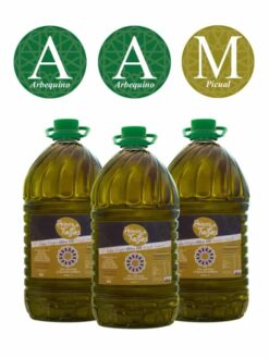 AAM Alfanje triple contains 2x5L bottles of Arbequina, and 1x5L bottle of Picual Single Variety extra virgin olive oil