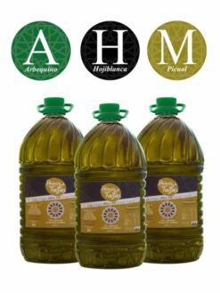 AHM Alfanje triple contains 3x5L bottle of Arbequina, Hojiblanca and Picual Single Variety extra virgin olive oil