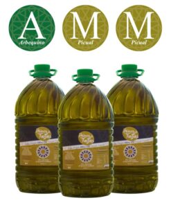 AMM Alfanje triple contains 1x5L bottle of Arbequina, and 2x5L bottles of Picual Single Variety extra virgin olive oil