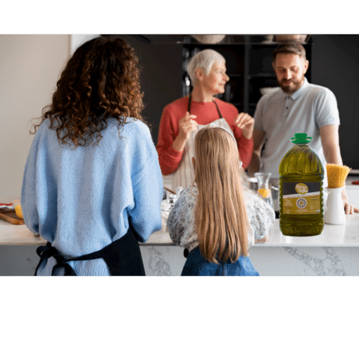 Reinos de Taifas Extra Virgin olive oil 5L in a family kitchen table